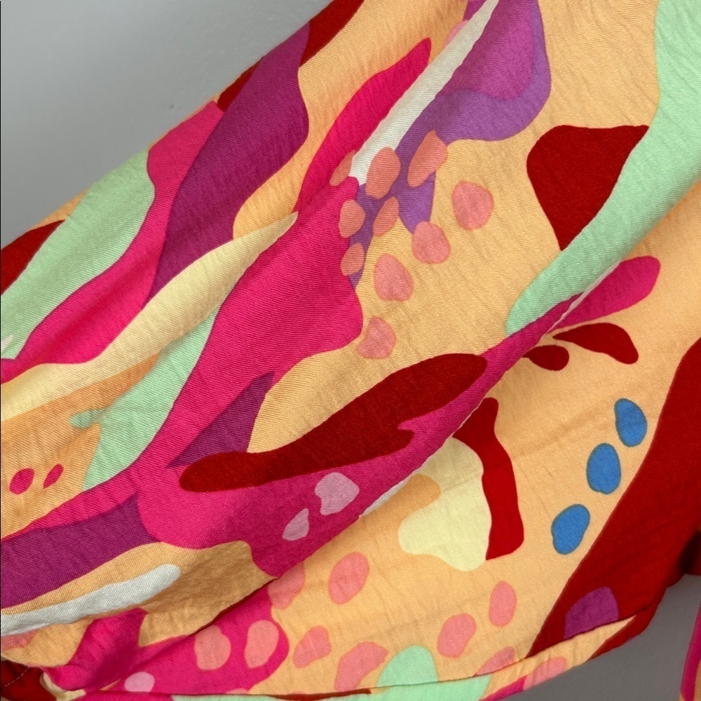 Esqualo Heat Wave Boho Retro Colourful Balloon Sleeve Blouse Size 4 Pink Orange - Picture 8 of 14